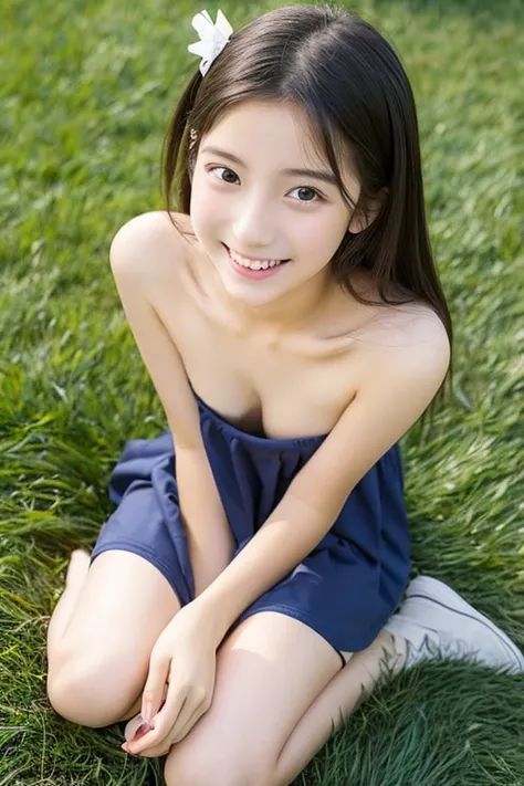 cute face　Real beautiful girl 　  completely naked　Sitting on the grass　Knee　baby face　smile　 clear 　 low length 　 middle school student　I will hide my boobs in a naughty pose