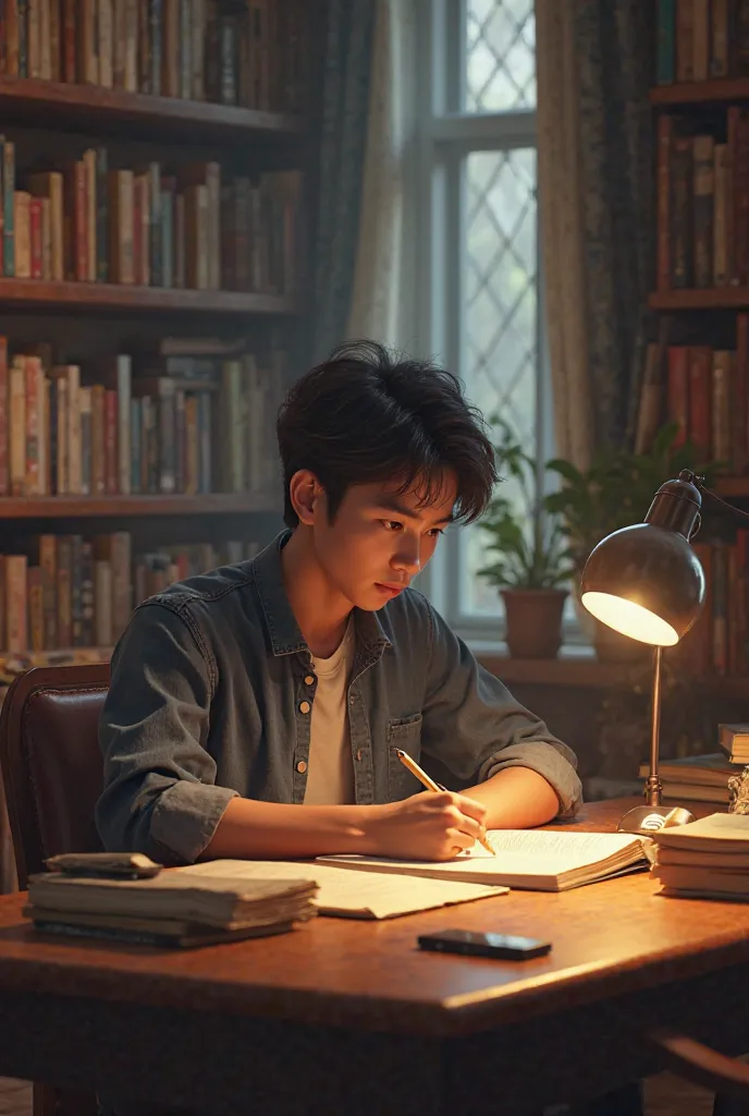 make a picture of a grown boy studying hard on his study table