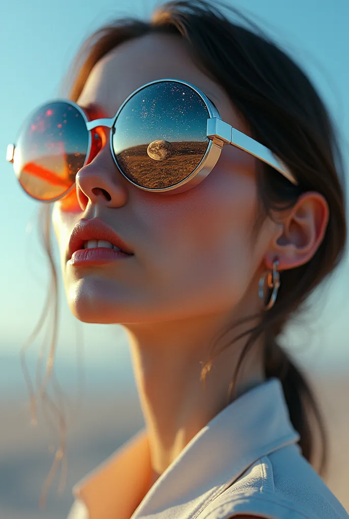 The model is wearing glass sunglasses with stars and the moon on the glass