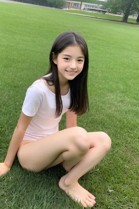 cute face　Real beautiful girl 　  completely naked　Sitting on the grass　Knee　baby face　smile　 clear 　 low length 　 middle school student　naughty poses