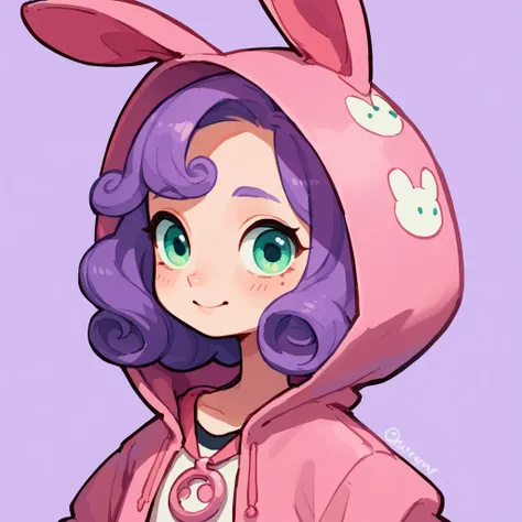 a portrait of a cute girl with curly purple hair, wearing a pink hood with fake bunny ears on them