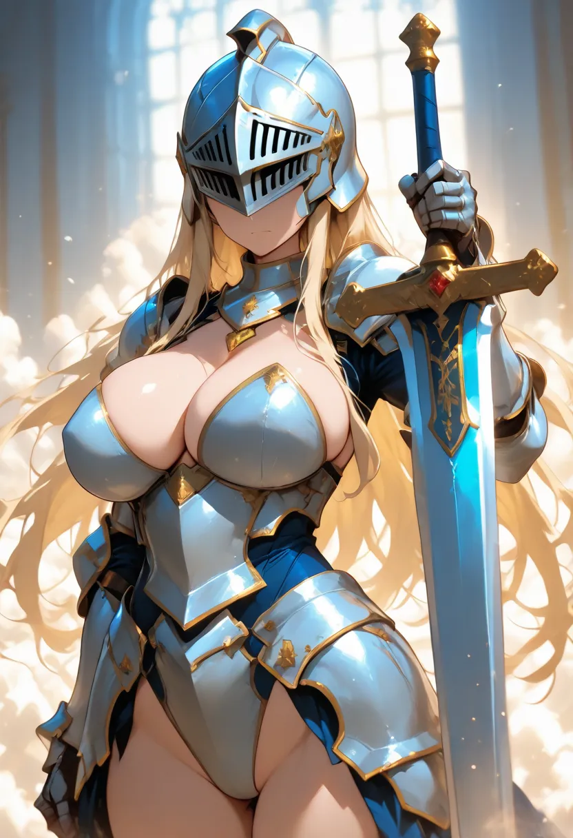 1 30-year-old woman、big breasts, Blonde long hair、Knight Commander、leotard、wearing a helmet、(Holding a sword),