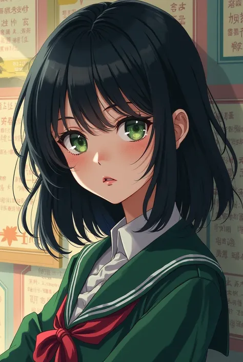 Make a girl with medium black hair, dark green eyes with slight dark circles, rosy lips and UA uniform, Boku No Hero art panel style