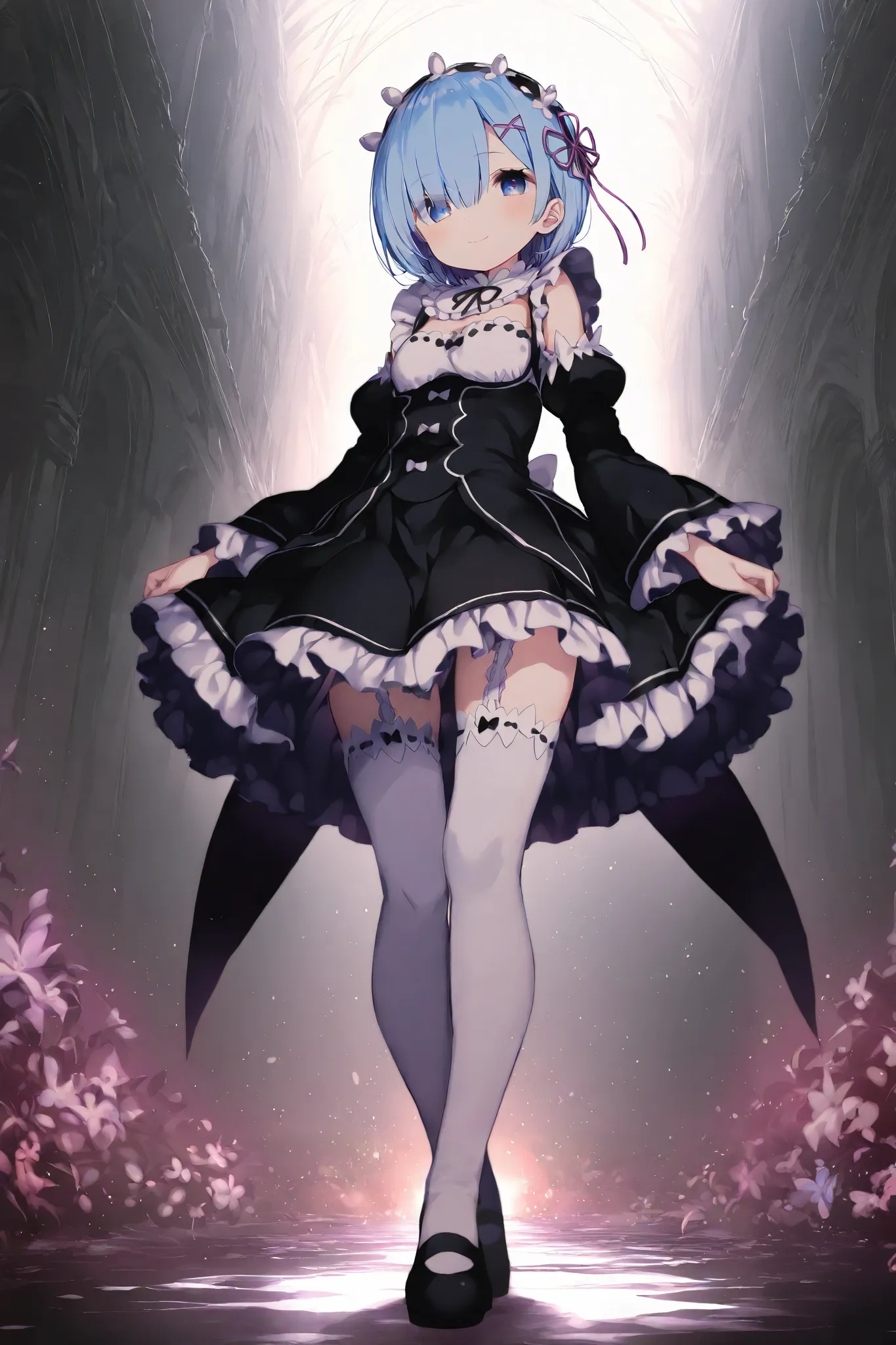 masterpiece, best quality, ultra-detailed, Komeshiro Kasu style,dark gothic,1girl\(rem \(re:zero\),cyan eyes,light smile\),(dynamic pose:0.25) ,full body shot,masterpiece, best quality, 8k, highres, ultra-detailed,HDR, UHD, professional, vivid colors