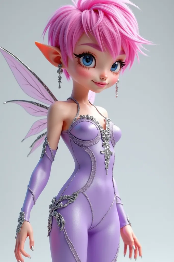 A 3d photorealistic  human like adult image of a fairy girl with fuchsia pink pixie cut hair and wearing a body con light purple jumpsuit with silver detailing (basically a photorealistic version of techna from winx club)