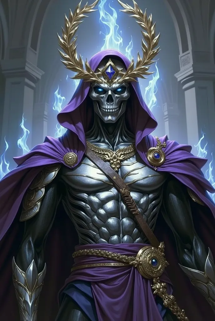 a silver skull with a golden laurel wreath, wearing organic silver osea armor, with a purple clerical stole, blue flaming eyes, Hades, underworld,Full body