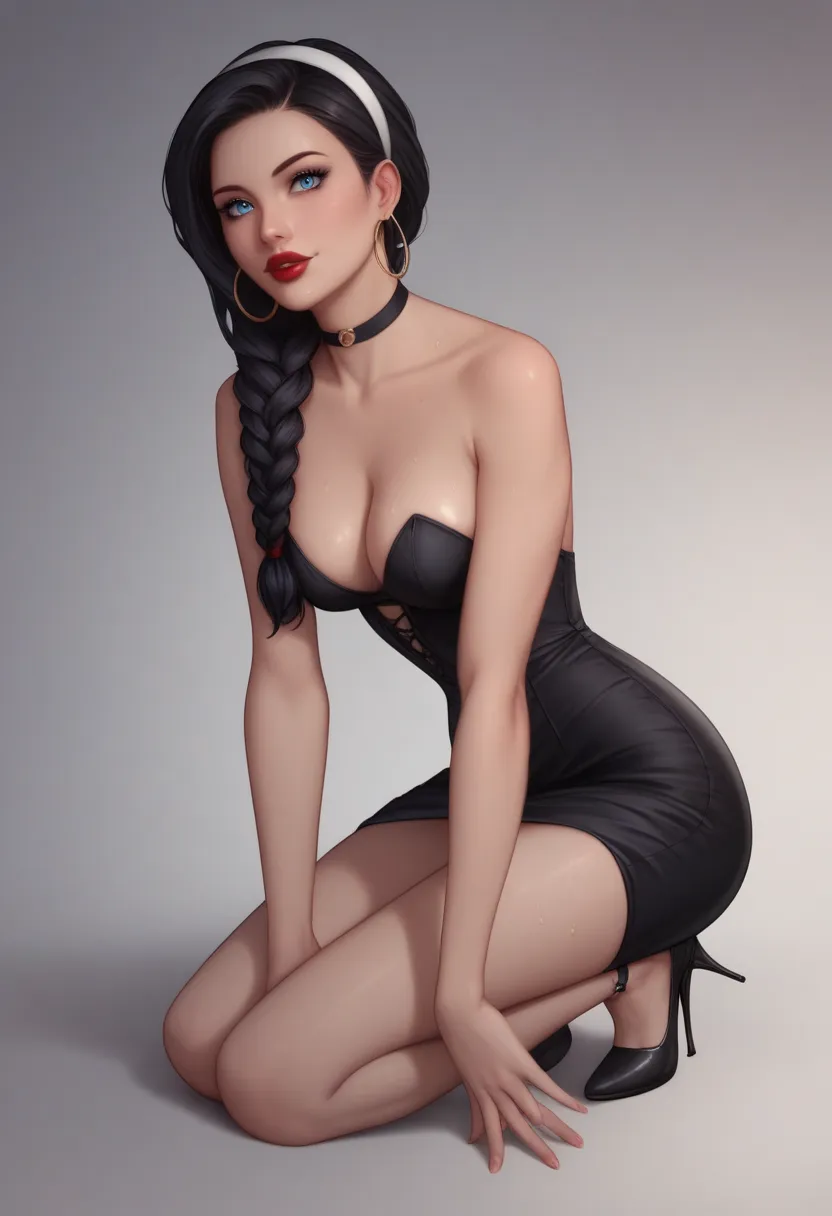 ((ultra detailed, masterpiece, best quality)), 1girl, solo, single braid, blue eyes, black hair, white hairband, black choker, medium Breasts hanging, black corset strapless sexy, white sexy miniskirt, sexy long legs, black platform high heels wedges,  ful...