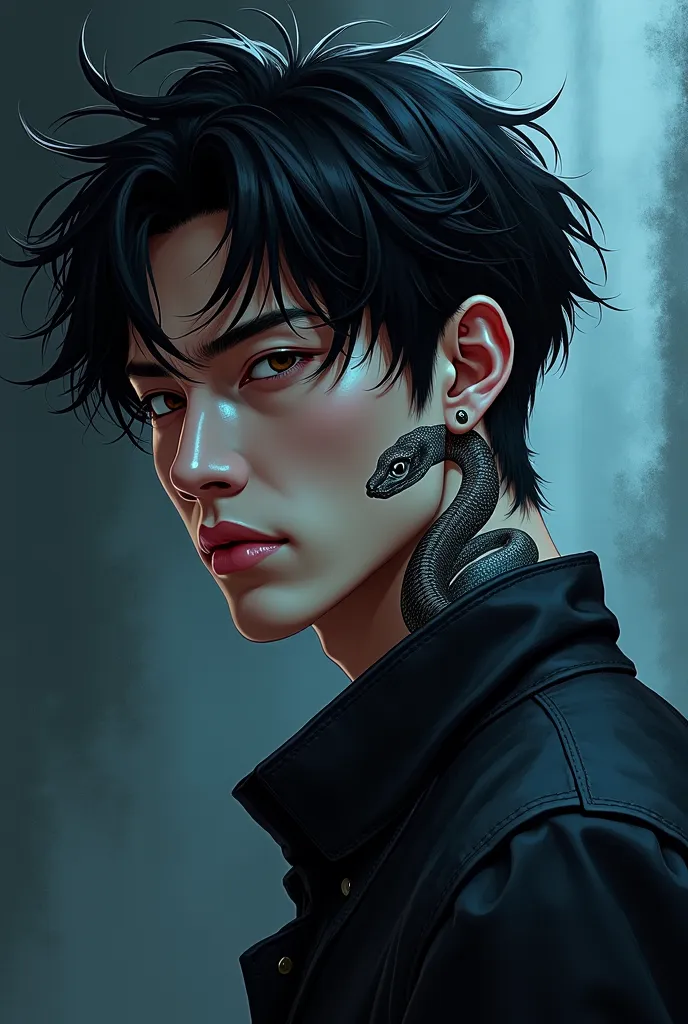 A male Manhwa character with a tattoo of a snake behind his right ear 
