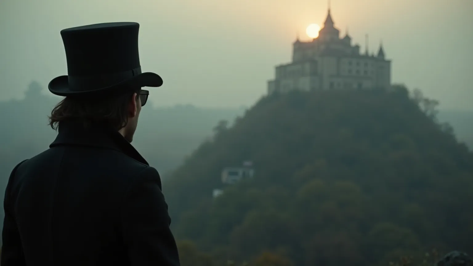 " ultra-realistic photograph , 8k: A 31-year-old hacker, with dark brown hair at shoulder height, stands on an elevated place, Like a hill, staring intently at an imposing financial money stronghold from a distance. He wears an elegant top hat , made of hi...