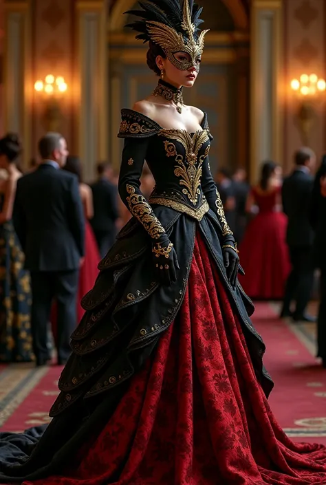 Ball gown with matching mask covering eyes only with black, gold and red colours