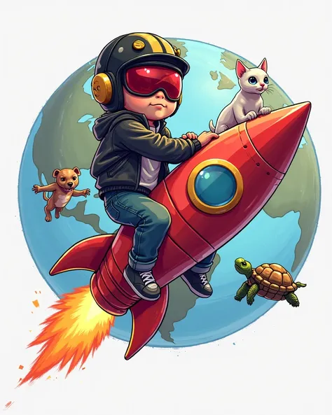  logo,
components
-There's a boy hanging around on a rocket., wearing a black gold racing helmet and a red mirror, Put on a jacket
- Has a brown pitbull dog, There is a white kitten, There is a turtle sitting on a rocket
- GTA 5 style game
- Background has...