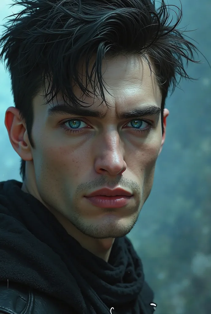 Man with white skin, muscular and tall, he has heterochromia as in he has one onyx eye and one icy blue eye. Sharp strong jawline and high cheekbones, messy black hair. Clean shaven face 