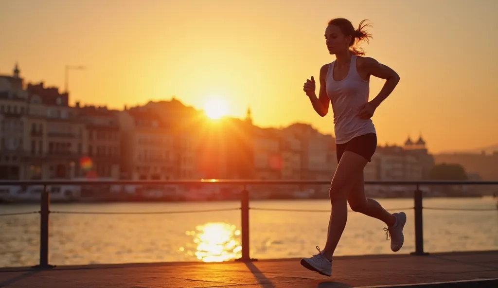 A European woman jogs along the waterfront on a summer morning as the sun rises over the water. The European city is fully awake, bathed in the vibrant hues of the morning light. The atmosphere is energetic, with cinematic camera movement capturing the dyn...