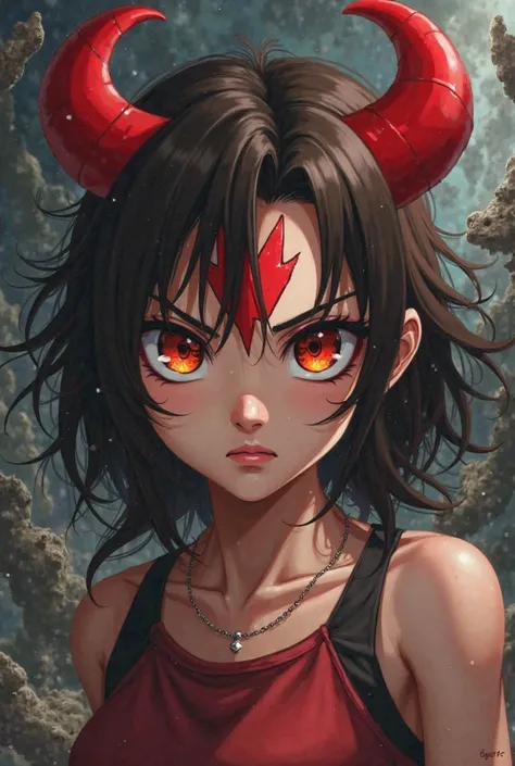  Make an anime girl, with red horns on the forehead and normal skin, With a fierce and youthful appearance, Make her more rude and angry,  with dark brown hair, Do it with the Hunter x Hunter traits