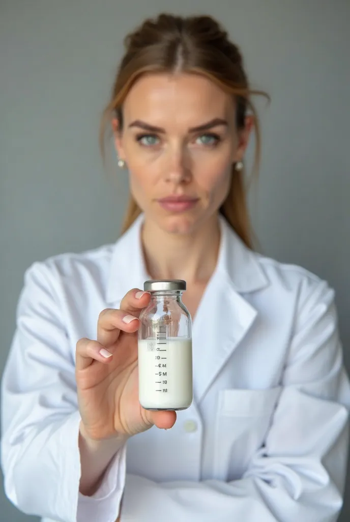 “A 45-year-old Ukrainian doctor, wearing a flawless white lab coat, conveying professionalism and trust. She securely holds a small clear glass bottle, containing milk . The bottle has precise measurement markings, ranging from 1 to 5 mL, emphasizing volum...