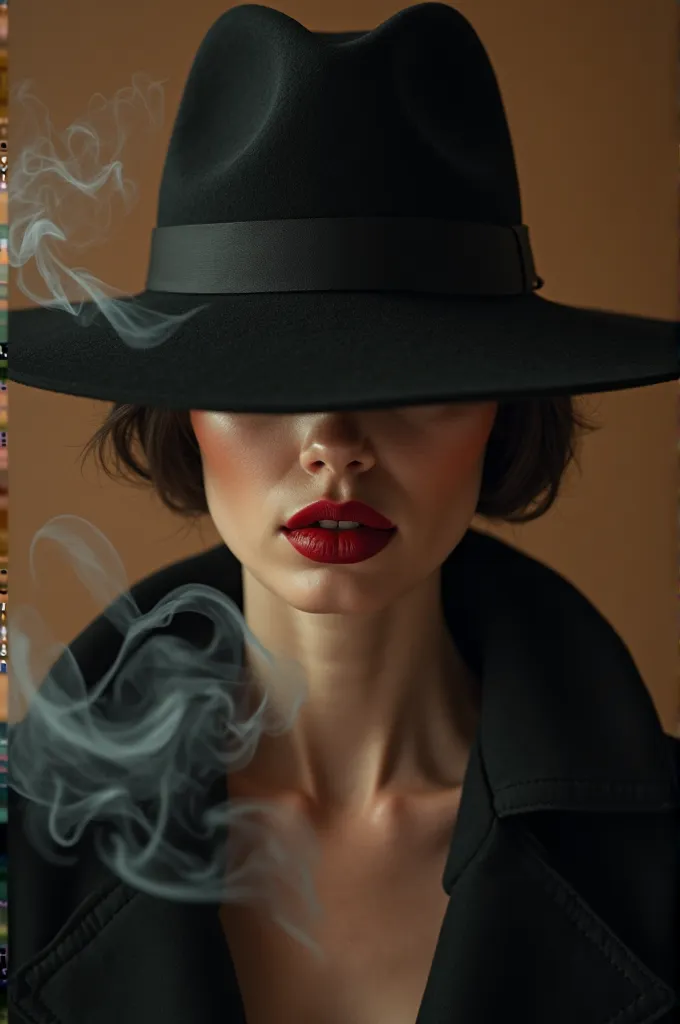 Make a mystery woman with a black hat, red lips and smoke around her and do her mysterious retro style,  Retro photo, brown colors, 8K