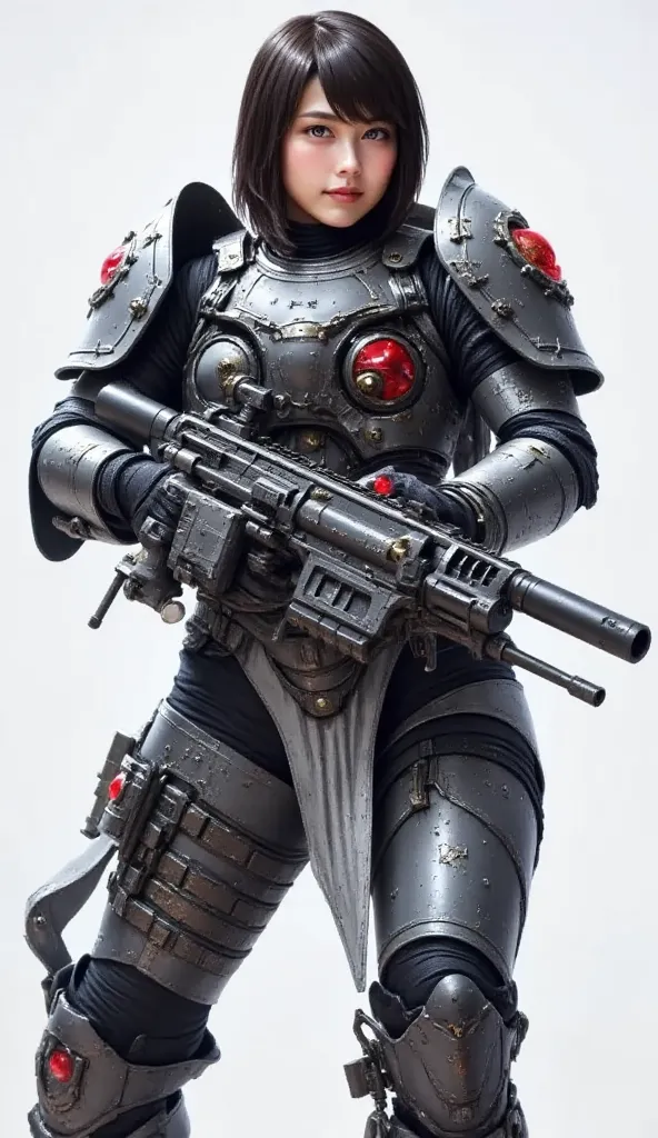 (( short bob cut hair  ))、 full body,   beautiful, Heavily armed,   And wearing heavy armor in a combat spaceship , BATTLE FORM   , Showing a strong face,    (((Firing a machine gun, One of her high powered weapons))) 、   Female Soldier with Asian Characte...