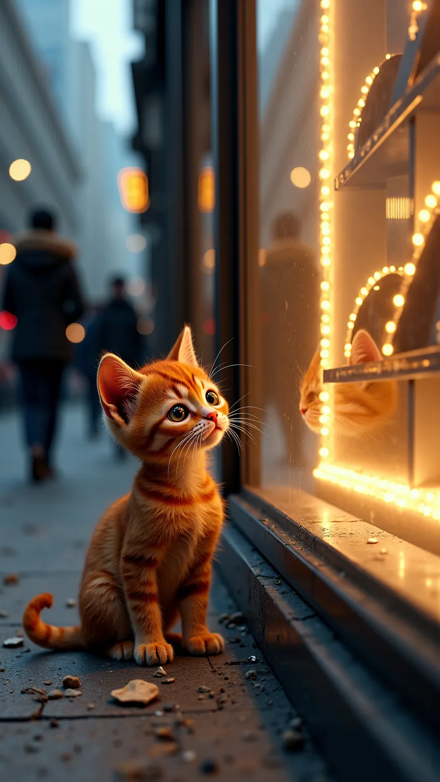 a poor looking orange kitten with teary eyes wearing rags is looking at a luxury brand watches and jewelry store from outside of the street looking in through the glass 