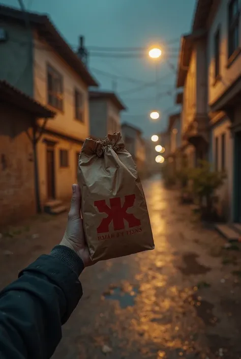 An ultra-realistic 4K scene captured from the point of view of a person walking down a deserted street at night, holding a crumpled brown paper bag with a red logo printed on. The environment transmits a quiet and slightly tense atmosphere, with surroundin...