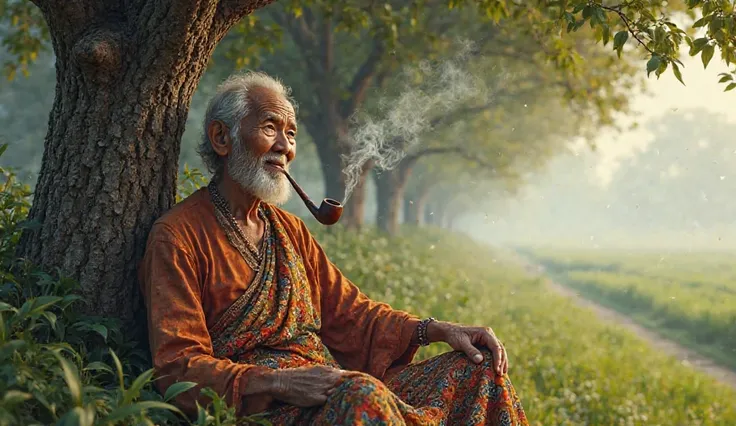 The old man dressing burmese clothes smoking under the tree