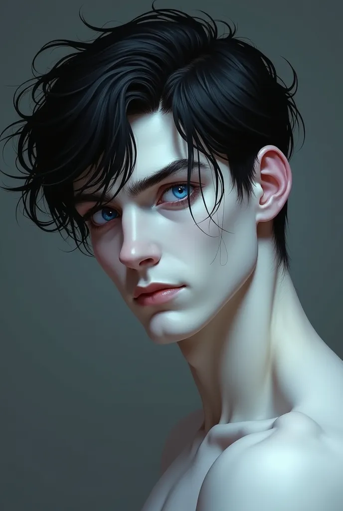 Man with white skin, muscular and tall, he has heterochromia as in he has one black eye and the other one is icy blue eye. Sharp strong jawline and high cheekbones, messy black hair. Clean shaven face 