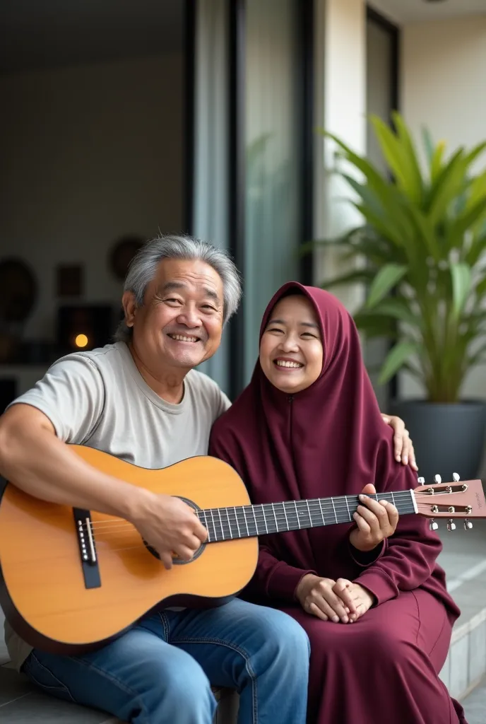 indonesian man, 40 years old , clean face , rather chubby , long curls ,  old ash t-shirt , blue jeans looking at camera,   smiling expressi,  is sitting with his wife in a maroon red hijab, and playing guitar ,background ,Modern house terrace, realistic p...