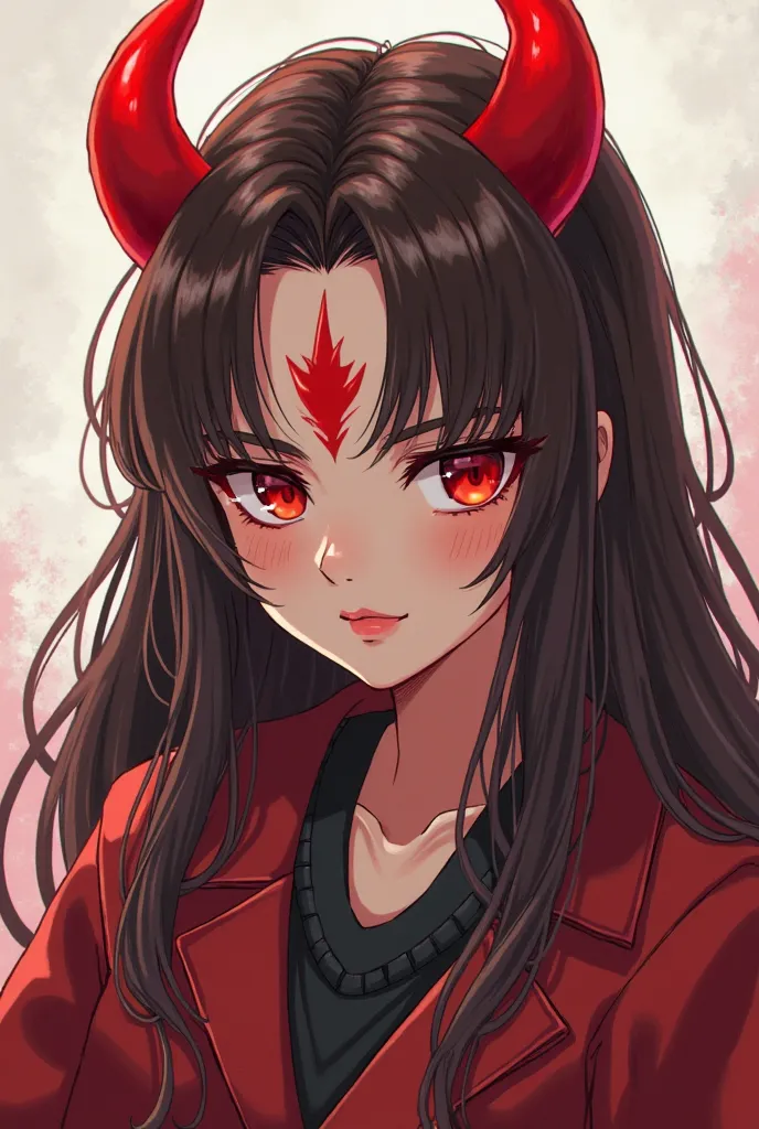  Make an anime girl, with red horns on the forehead and normal skin, Looking FIERCE LIKE A TIGER and young, Make her more rude and angry,  with dark brown hair, Do it with Hunter x Hunter traits and with horns only 2 horns