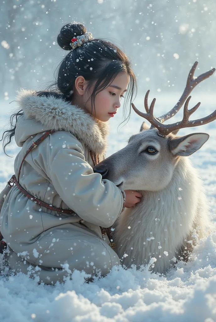 ancient mongols with narrow eyes and asian appearance girl petting reindeer snow blizzard