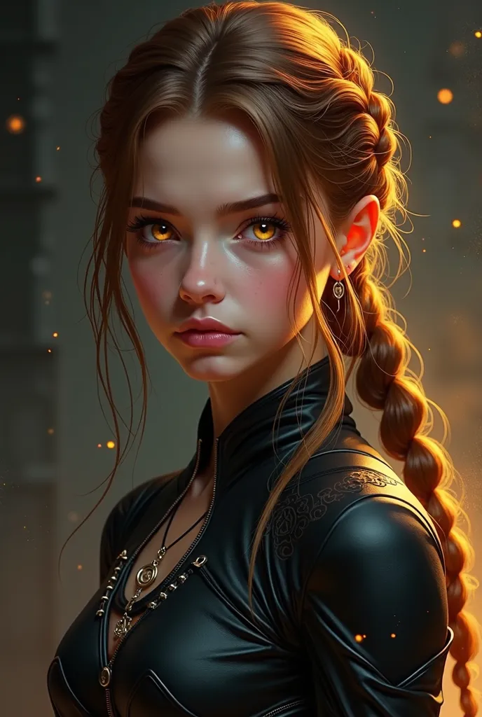 Generate an image of a young adult with eyes as golden as fire, with brown hair but with blonde tips, who wears a braid on one side, and wears a black dragon rider suit 