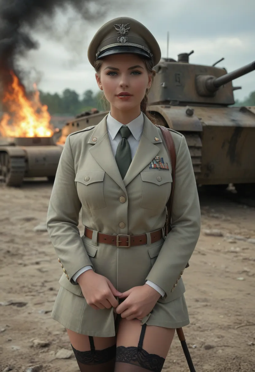 cinematic photo In the midst of the First World War's chaos, a female general stands atop a burning tank, surveying the battlefield with intensity. With her rifle in hand, she points out strategic positions from her precarious vantage point. Her gaze is fi...