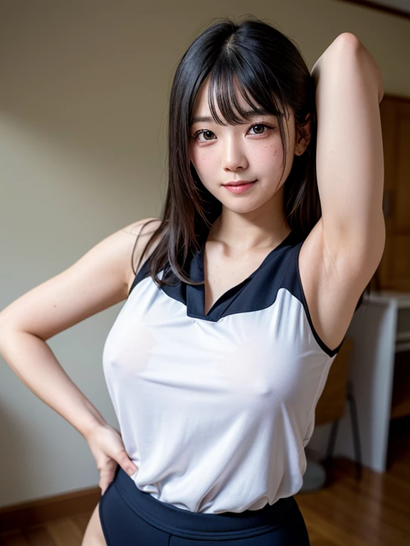  mine-type makeup。droopy eyes。Heavy eye makeup。The provocative, expressive idiot smile of a young, round, Japanese dark-haired gal looking at the camera。 color contact 。The lower body showing off dark armpits, sweaty young body, thick whiplash thighs, and ...