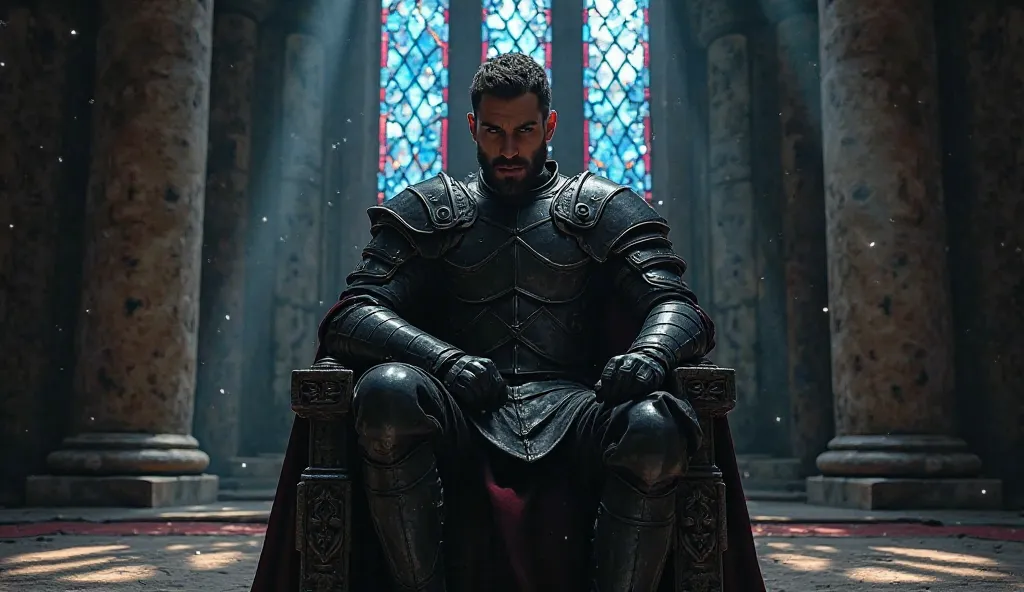 A brooding, ruggedly handsome prince dressed in dark armor sits on a stone throne inside a dimly lit war room. His intense eyes look forward, lost in thought. Behind him, a massive stained-glass window casts blue and red light patterns on the floor.