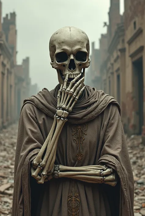 Skull with tunic, with his hand on his chin as a sarcastic question, buildings in the background of the scene, destroyed buildings