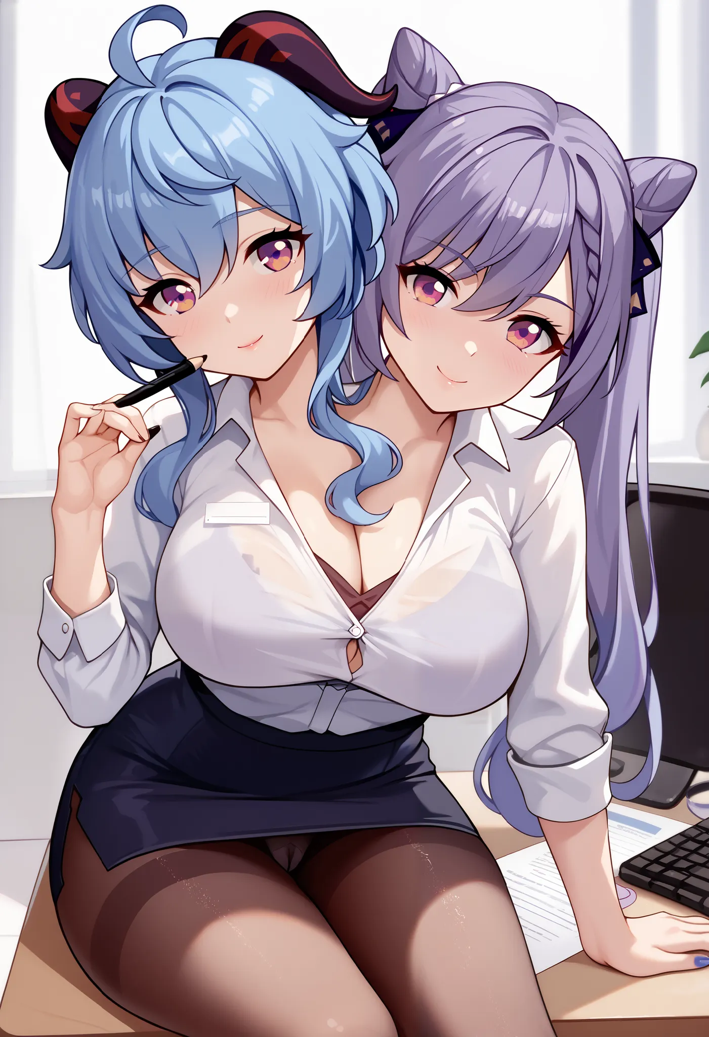 2heads, twoheads, a tall thin woman with 2 heads, conjoined, 2girls, ganyu, blue hair, ahoge, purple eyes, goat horns, keqing, purple eyes, purple hair, long hair, twintails, cone hair bun, double bun, front shots, office, office girl, white shirt, black p...