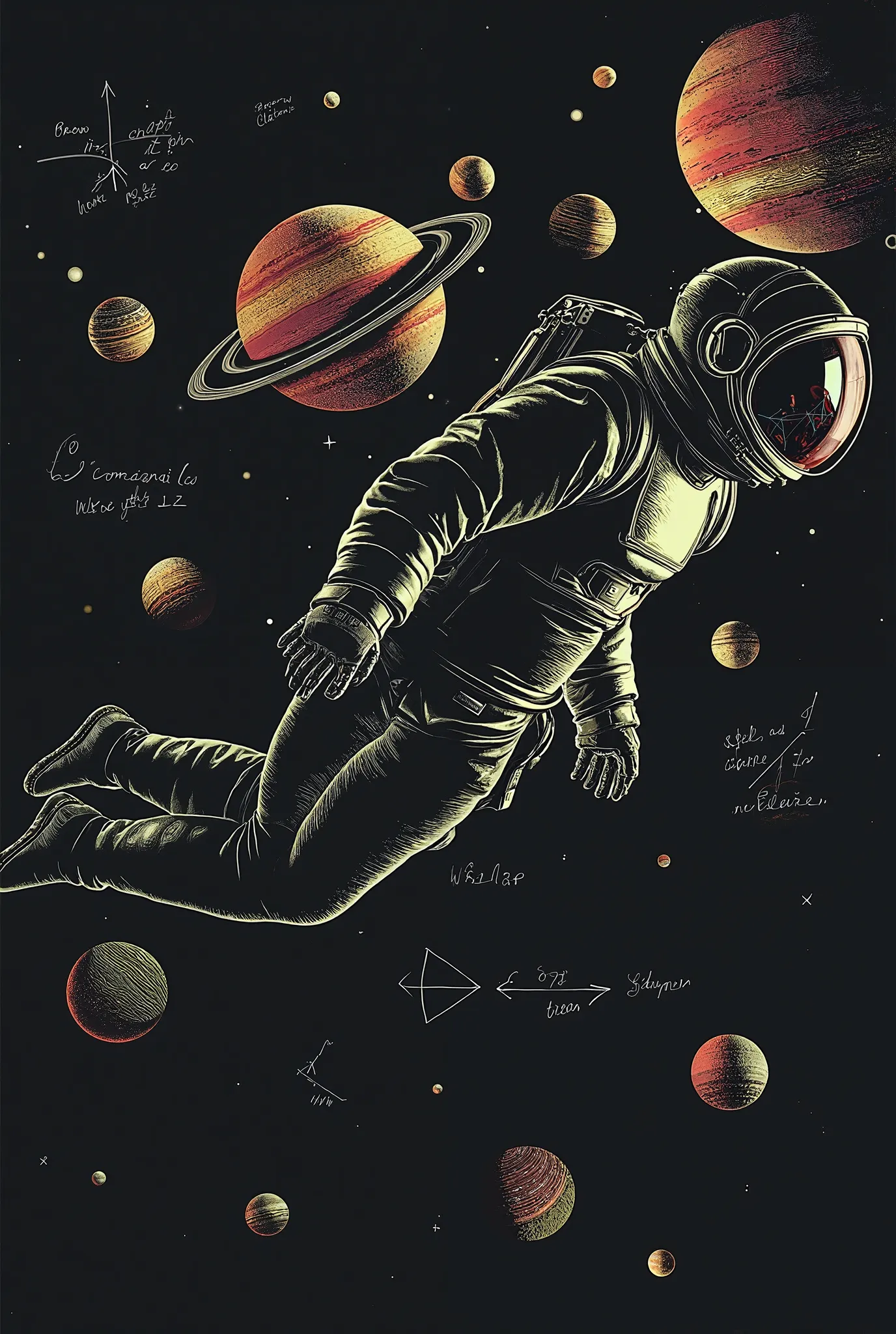 An astronaut floating in black space with some very bright stars
In the background the planet Saturn and to the right Jupiter
Around him some algebraic, arithmetic and mathematical signs