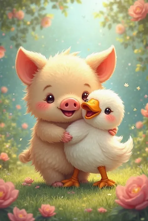 A chibi hugging a piglet that has a goose body and a pig's face