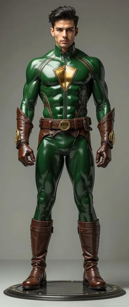 Full photorealistic shots of handsome hunky slender black hair  Geoforce.. wearing a green metallic and brown bulging tight fit leather spandex costume... brown gloves and belt and boots...face front camera focus.. standing on iron circle 