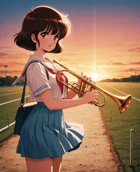 1980s retro anime style illustration。energetic high school girl with a short cut、wearing a uniform with a white blouse and blue skirt、 is playing the trumpet。The background is a baseball field at sunset、warm light shines on the girl。nostalgic and youthful ...