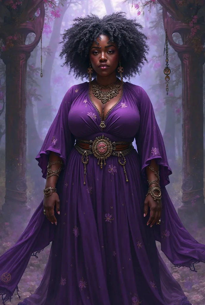  50-year-old black woman,  chubby girl, cabelo branco black power, purple witch dress, Witch energy