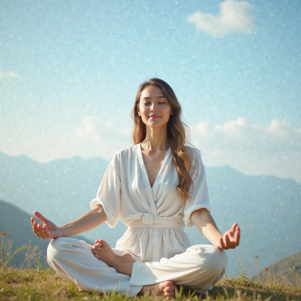 
「Woman meditating in nature。She wears white clothes、 quietly meditating 。in the background々And the blue sky spread out.、Relaxed Atmosphere。The woman's expression is gentle、is in a calm pose。soft natural light envelops the whole、creating a calm and healing...