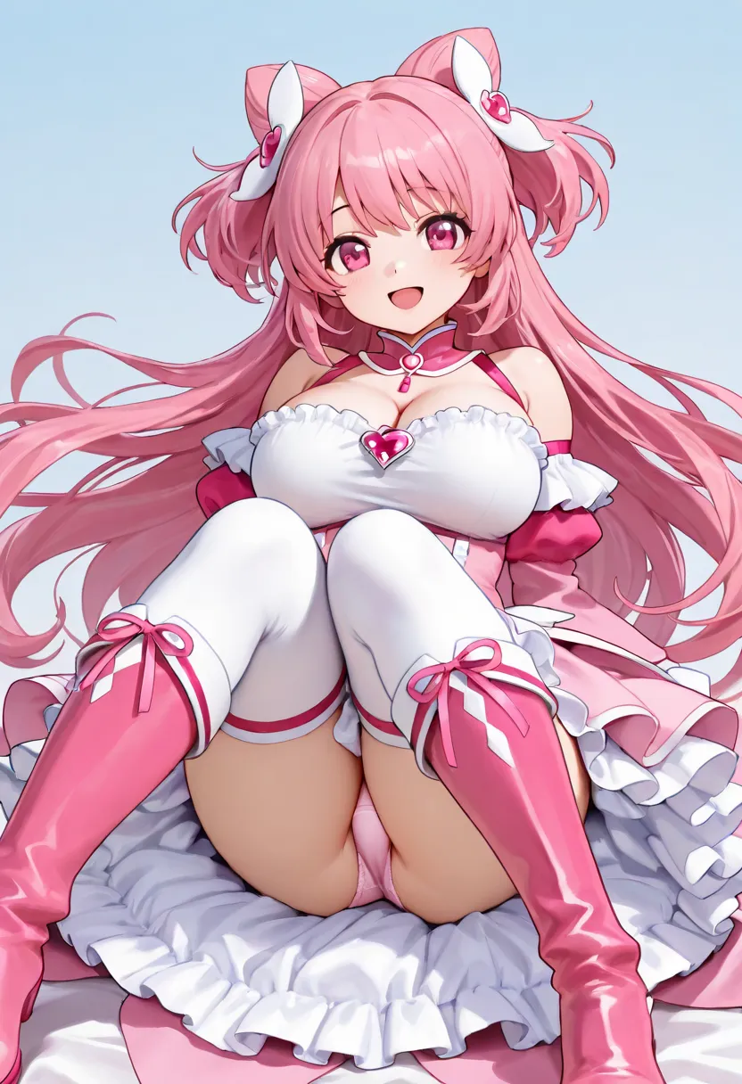 1 girl, solo, long hair, looking at viewer, hair accessory, ribbon, exposed shoulders, underwear, :d, large breasts, frills, detachable sleeves, two-sided updo, detachable collar, thigh-high boots, magical girl, frilly skirt, pink dress, pink ribbon, knees...