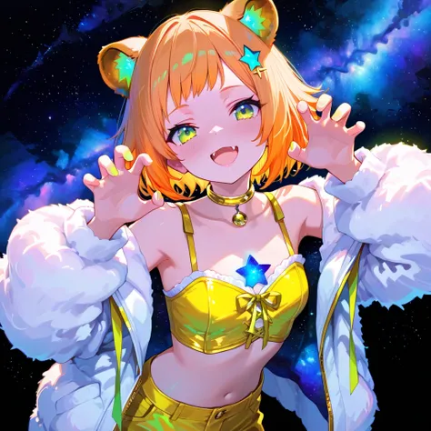 1 girls, solo, Leo, orange hair, short hair, star hair pin, yellow-green eyes, smile, open mouth, small fangs, lion's ears, short bangs, white sleeveless innerwear, yellow bustier, fluffy choker, small yellow-green ribbon on chest, yellow short pants with ...