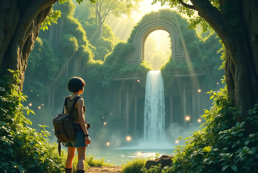 A mystical ancient jungle ruin covered in lush vegetation. Sunlight filters through the dense canopy, casting golden rays on moss-covered stone structures. A cascading waterfall flows beside an intricately carved stone arch entwined with vines. Mist swirls...