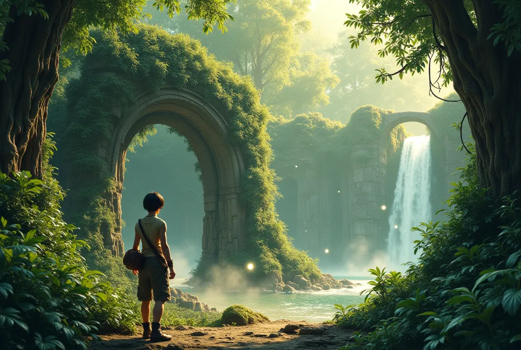 A mystical ancient jungle ruin covered in lush vegetation. Sunlight filters through the dense canopy, casting golden rays on moss-covered stone structures. A cascading waterfall flows beside an intricately carved stone arch entwined with vines. Mist swirls...