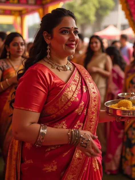 A 30 years old ,matured, American white woman with medium size body,fitted body, ivory white round-shaped face.


She and her husband. At a lively family wedding, she dazzles in a crimson saree that drapes elegantly over her plus-size frame, the fabric cli...