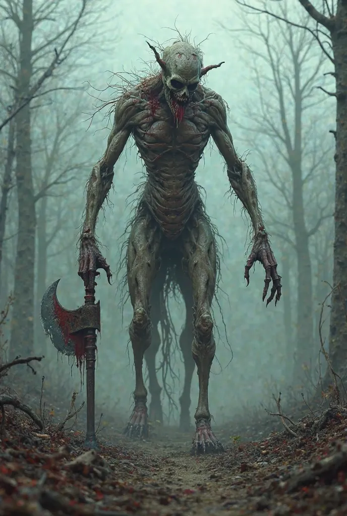 A withered and rotten forest, a dense fog, a desolate wasteland, three s joined together, forming a grotesque zombie centaur, made of human pieces, bloodstained, holding a rusty axe, Gore, body horror 