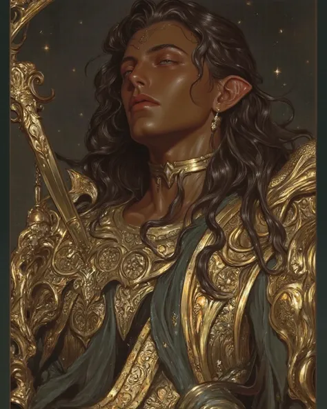 (masterpiece), (boobs),  of a king  ( brown skin)  is seated on his throne , decorated with gold carvings and rich cushions. He has honey-colored eyes and long wavy hair, loose over broad shoulders. His pointed ears give him an almost mythical appearance. ...