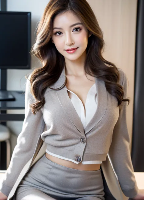 (Best Quality, 【8k, 【32K, masterpiece, UHD:1.2),  1girl , Beautiful Japanese Woman, thin waist, grey suit, Cardigan Jacket Low Neck White Shirt，Medium Size 36e Chest, Exposed Chest ，office女士, suit, Short skirt，Exposed Long Legs， Black Stockings , Front Vie...