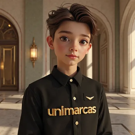 Create an image of a handsome boy in a building wearing a very beautiful shirt, with the name UNIMARCAS in 3D