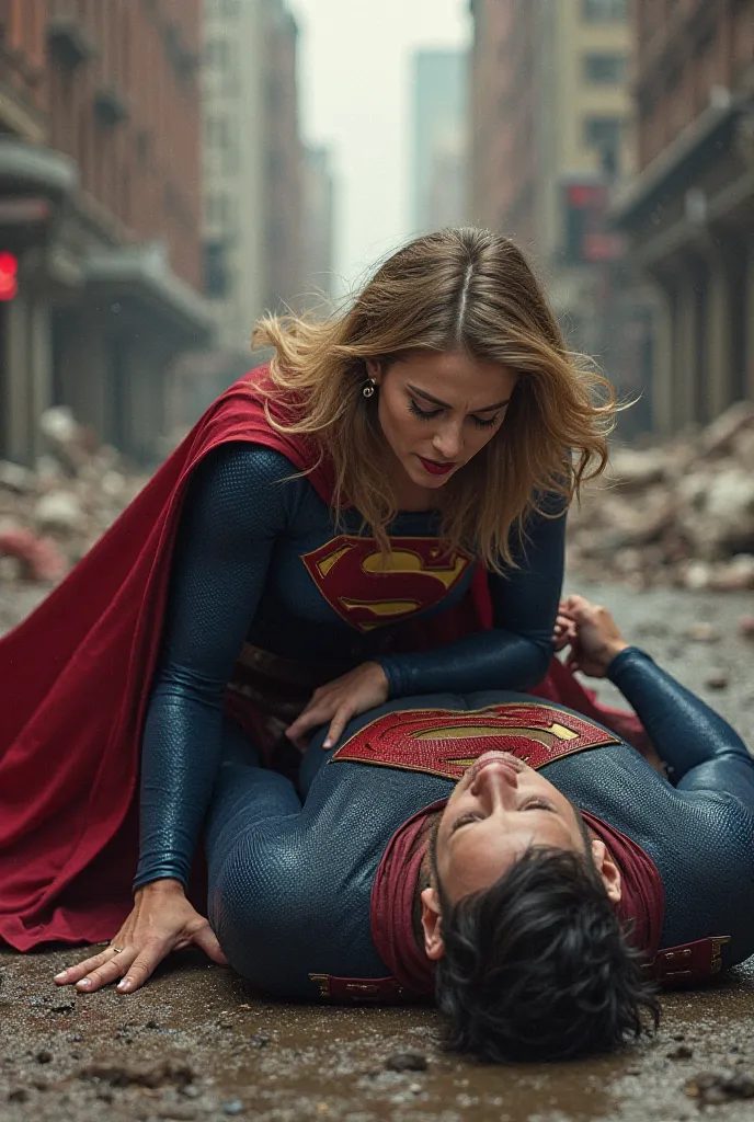 Superman lies face down. Suoergirl sits on him and angry. 